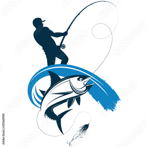 Fisherman with spinning rod and tuna on a blue wave
