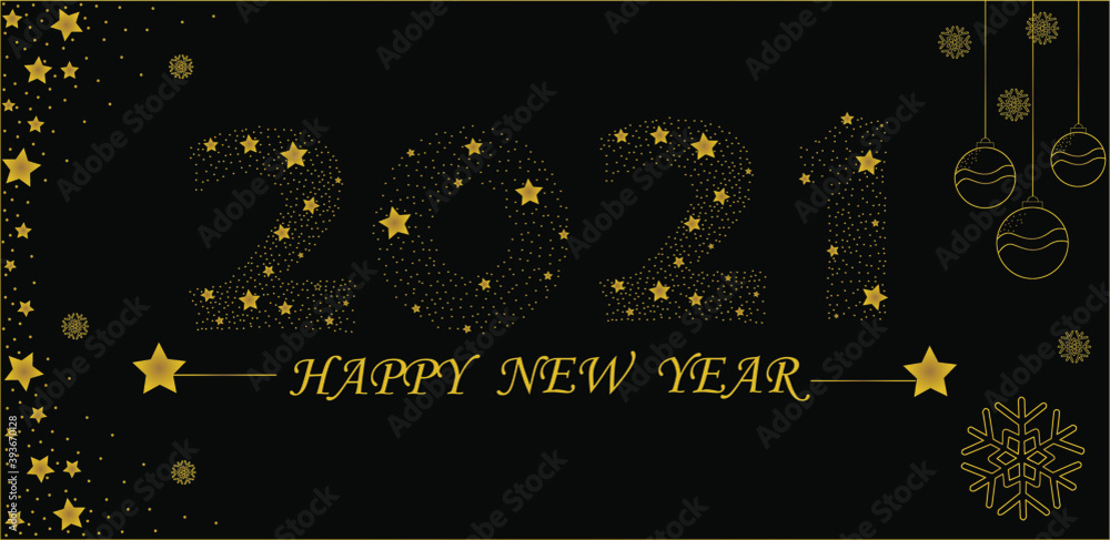 Tarjeta, folleto de felicitación para el nuevo año 2021, fondo negro, con decoración en color dorado