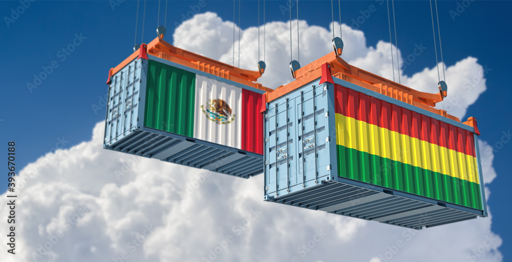 Freight containers with Mexico and Bolivia national flags. 3D Rendering 
