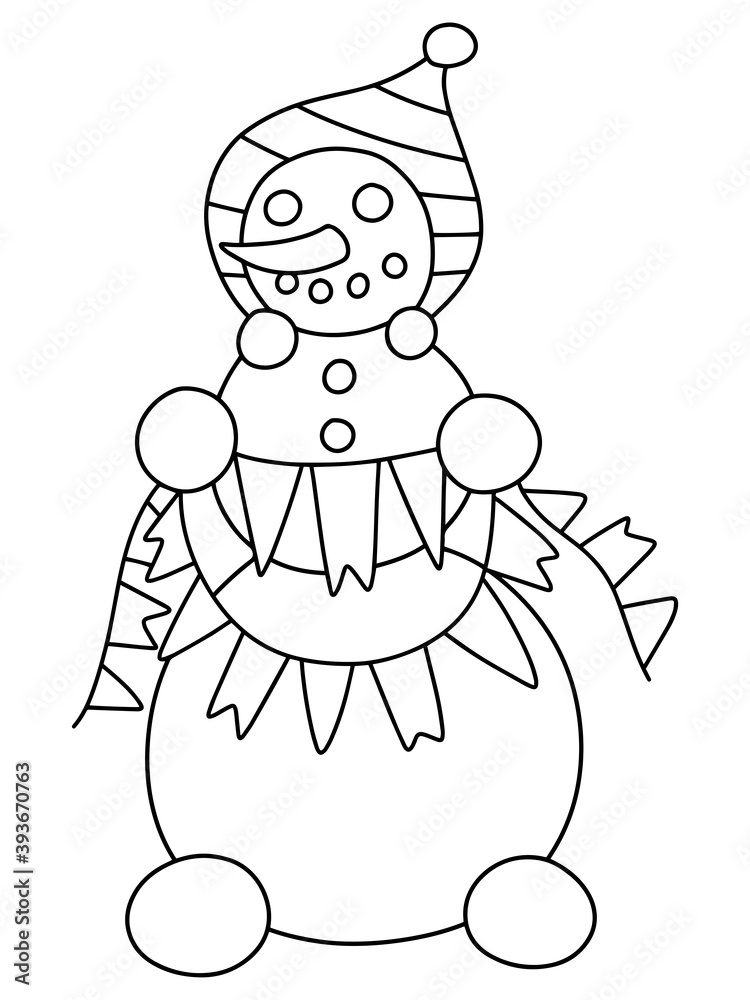 Smiling snowman in hat with garland of flags vector coloring page. Funny winter holidays character black outline isolated on white. Merry Christmas and Happy New Year home pastime printable worksheet Smiling snowman in hat with garland of flags vector coloring page. Funny winter holidays character black outline isolated on white. Merry Christmas and Happy New Year home pastime printable worksheet