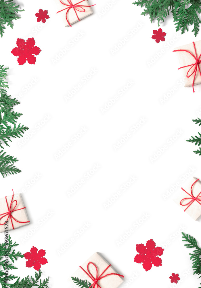 Fir branch and gift on white background with copy space for text. Christmas. Holiday concept. Fir branch and gift on white background with copy space for text. Christmas. Holiday concept.