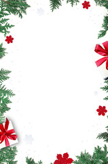 Fir branch and gift on white background with copy space for text. Christmas. Holiday concept.