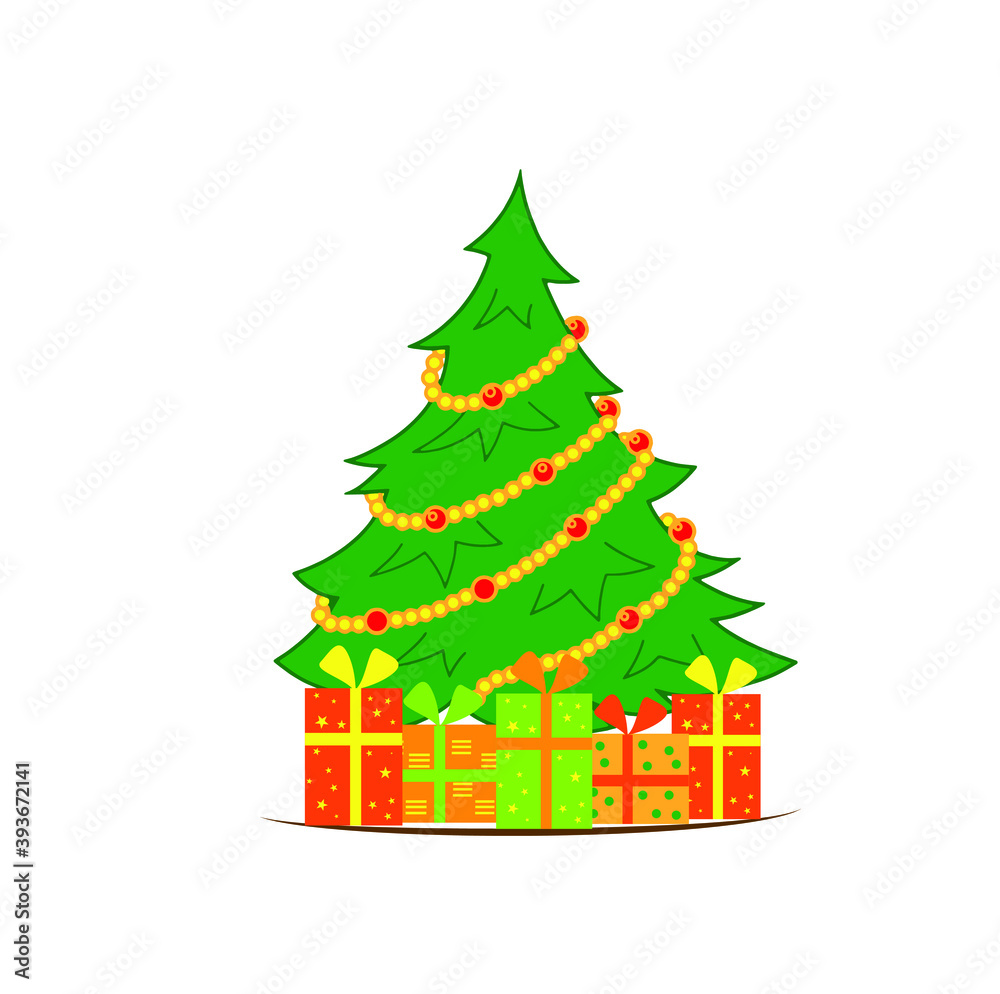 Naklejka premium Green Christmas tree as a symbol of Happy New Year, Marry Christmas holiday celebration. Sparkle light decoration. Bright shiny design. Christmas gift box.Vector flat illustration, isolated objects.