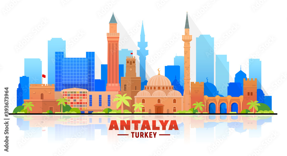 Antalya ( Turkey ) skyline with panorama in white background. Vector Illustration. Business travel and tourism concept with modern buildings. Image for presentation, banner, placard and web site.