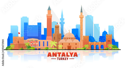 Antalya   Turkey   skyline with panorama in white background. Vector Illustration. Business travel and tourism concept with modern buildings. Image for presentation  banner  placard and web site.