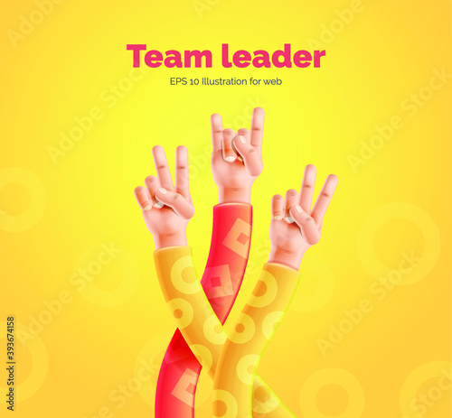 Team leader. Vector illustration depicting hands raised up with different gestures. One hand stands out from the three, and symbolizes leadership. A set of gestures.