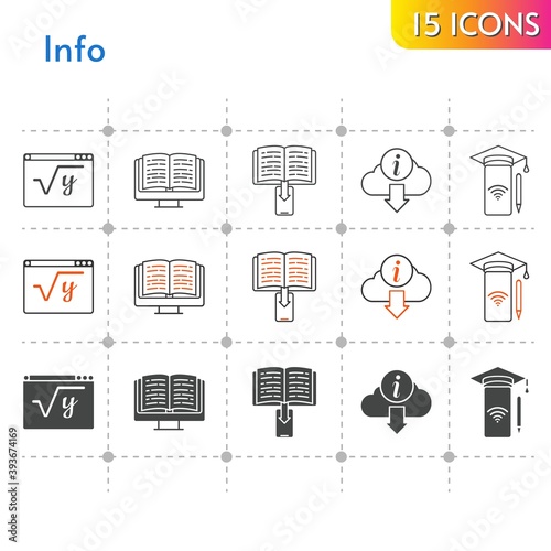 info icon set. included ebook, smartphone, maths, information icons on white background. linear, bicolor, filled styles.