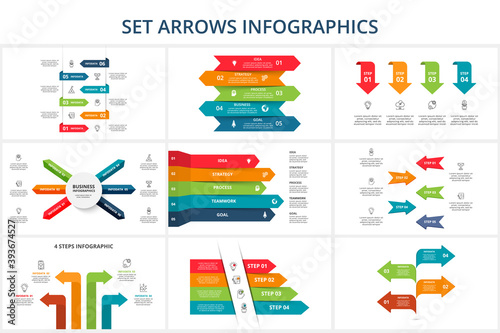 Set abstract arrows of graph, diagram with 4, 5, 6 steps, options, parts or processes. Vector business template for presentation