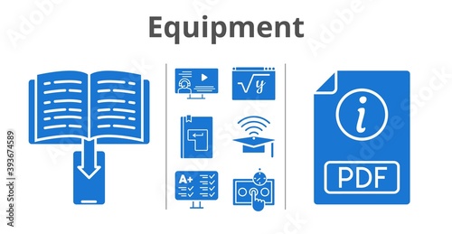 equipment set. included ebook, cap, pdf, instructor, test, maths, enter icons. filled styles.