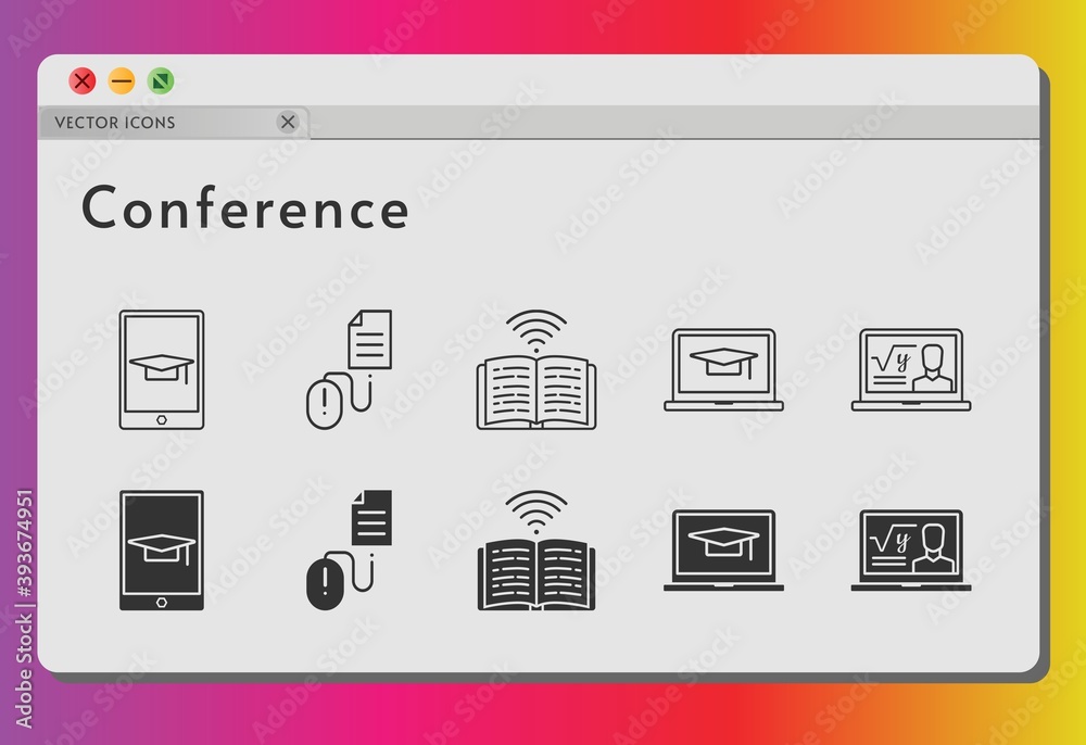 conference icon set. included professor, student-laptop, book, student-tablet, click icons on white background. linear, filled styles. conference icon set. included professor, student-laptop, book, student-tablet, click icons on white background. linear, filled styles.