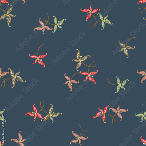 Abstract vector floral seamless pattern with small flowers, leaves. Ditsy texture. Modern minimal hand drawn background. Green, red, brown colors. Repeat design for wallpaper, print, textile, fabric