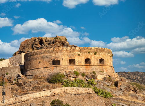 Ruins of the venetian fortress on the island of Spinalonga, Gulf of Elounda, Lasithi, Crete, Greece. It was used as a leper colony from 1903 to 1957