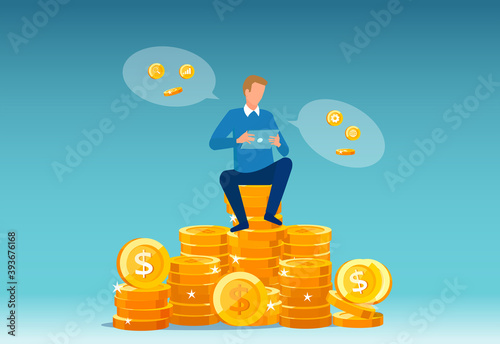 Vector of a business man working online sitting on a big pile of money coins