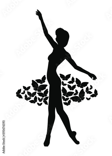 Silhouette of ballerina in a skirt of butterflies. Young graceful dancing woman. Black isolated vector illustration on white background