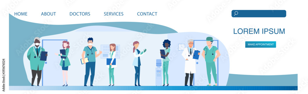 Vector of a group of doctors standing in a hospital corridor