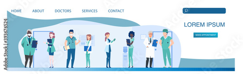 Vector of a group of doctors standing in a hospital corridor