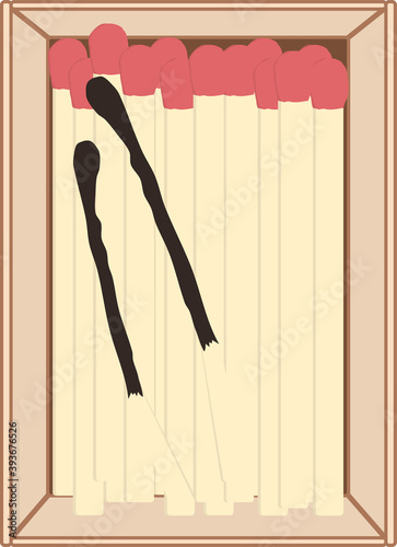 image of an open box with matches in beige and red colors, burnt matches