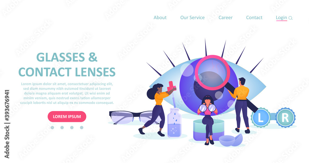Landing page of a eyeglasses and eye care store with people choosing glasses and contact lenses.