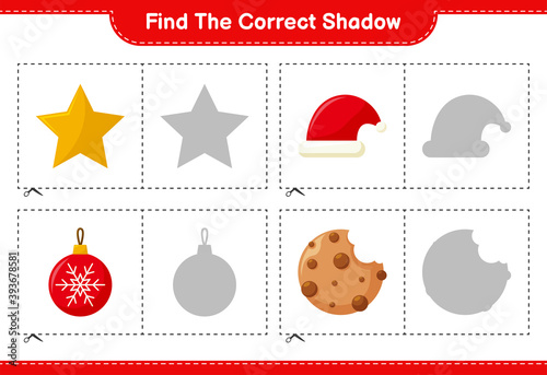 Find the correct shadow. Find and match the correct shadow of Christmas Decoration. Educational children game, printable worksheet, vector illustration