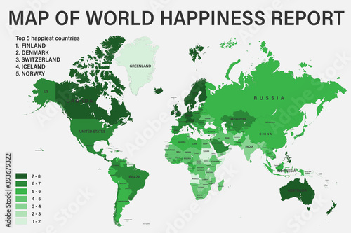 World happiness report on political map with scale  borders and countries