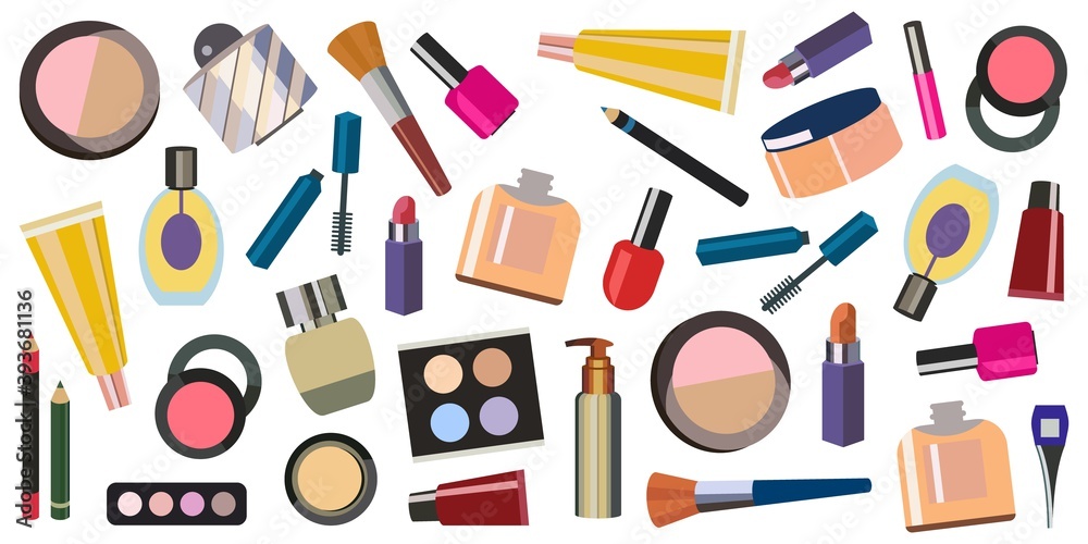 Set of vector cosmetics. Eye shadow, lip gloss, powder, blush, lipstick, brush, eyeliner, nail Polish, perfume, cream, bottle. Hand drawing illustration. Makeup icons. Beauty makeup artist