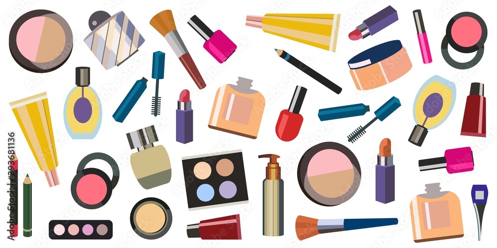 Set of vector cosmetics. Eye shadow, lip gloss, powder, blush, lipstick, brush, eyeliner, nail Polish, perfume, cream, bottle. Hand drawing illustration. Makeup icons. Beauty makeup artist Set of vector cosmetics. Eye shadow, lip gloss, powder, blush, lipstick, brush, eyeliner, nail Polish, perfume, cream, bottle. Hand drawing illustration. Makeup icons. Beauty makeup artist