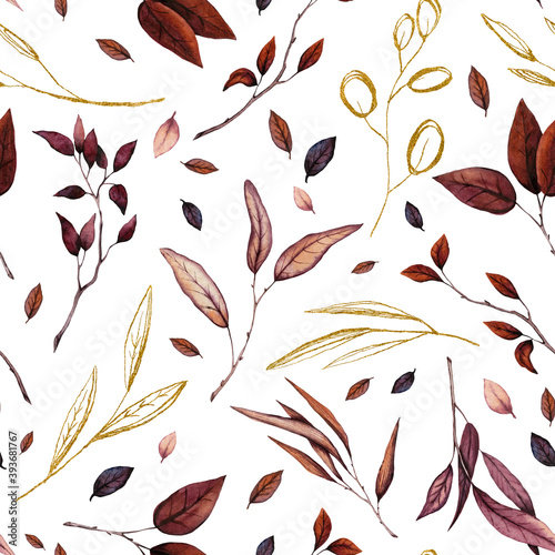 Seamless Pattern of Watercolor Golden and Red Leaves