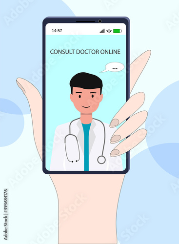 Online consultation with a doctor. The doctor looks from the phone screen. Coronavirus consultation, treatment at home. Vector illustration