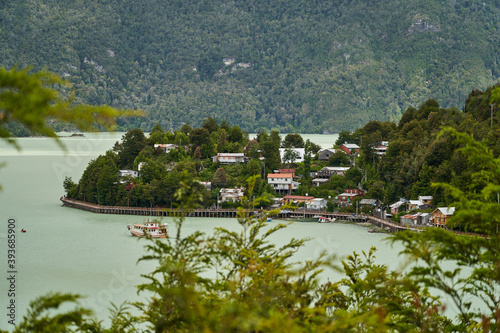 wooden piers and walkways of lumber town Caleta Tortel at Rio Baker along the Carretera Austral in Patagonia, Chile, South America