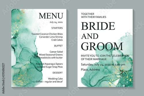 Modern abstract luxury wedding invitation design or card templates for birthday greeting or certificate or cover with green watercolor stains or fluid art in alcohol ink style with gold on a white.