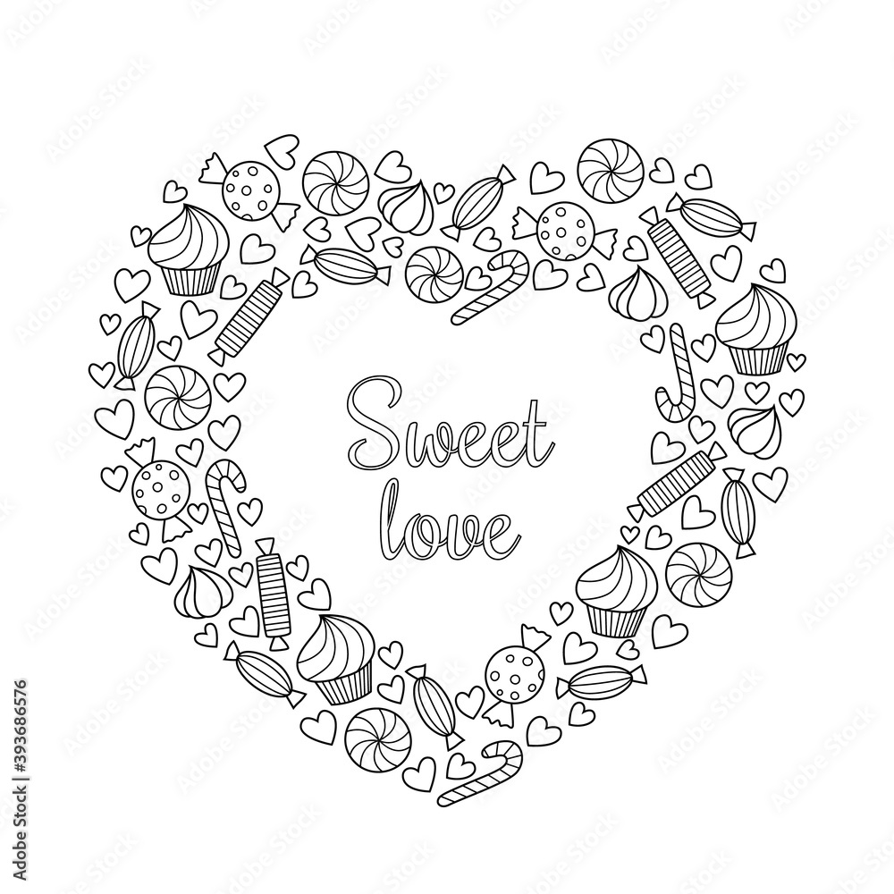 Valentines day vector doodle coloring book page heart from candies, cupcakes, candy canes, other sweets and small hearts. Anti-stress for adults.