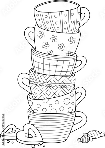 Doodle coloring book page for adults. Cups and cookies. Black and white outlined illustration.
