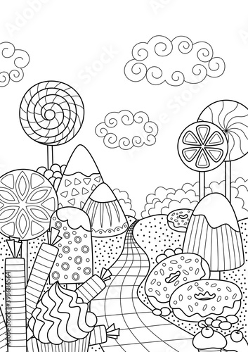 Outlined vector doodle anti-stress coloring book page sweet forest. For adults and children