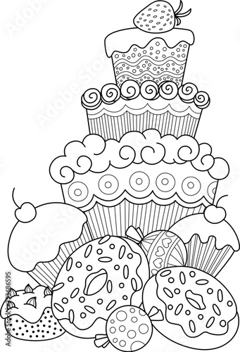 Hand drawn cupcake for coloring book for adult