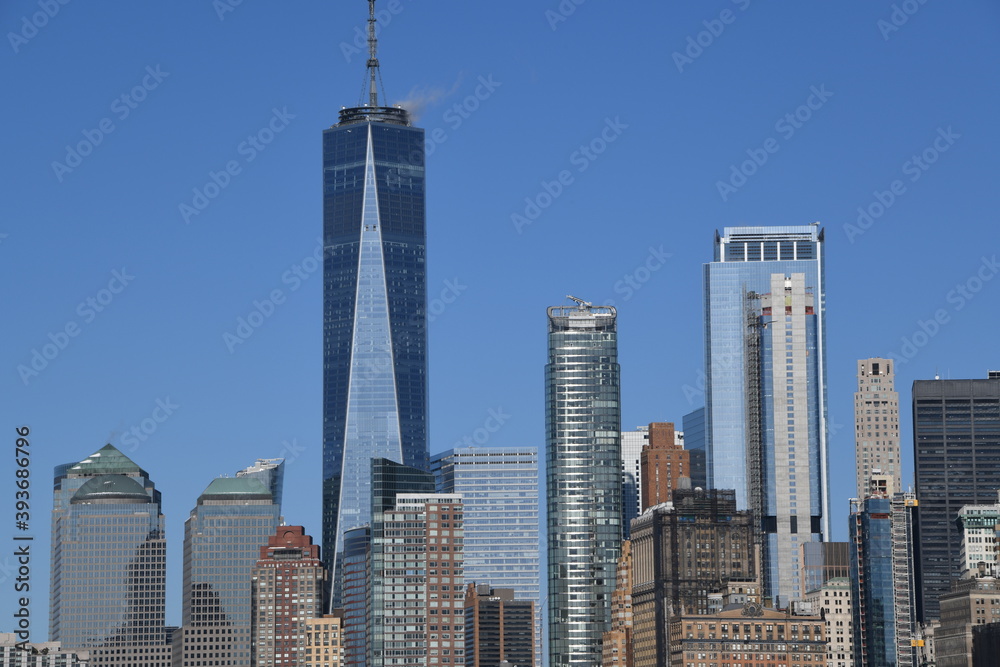 Die Skyline vom Financial District in New York, Downtown Manhattan. 