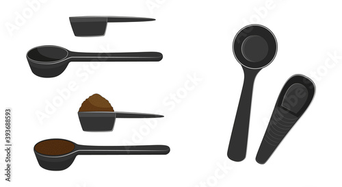 Scoops empty and full of ground coffee, front and side view. Vector illustration.