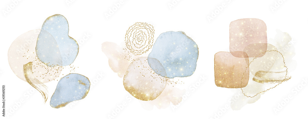 Gold Abstract Arrangements. Christmas glitter shiny dreamy. Blush, blue, white, beige watercolor illustration & elements on white background. Modern print set. Logo. Wall art. Poster. Business  card.