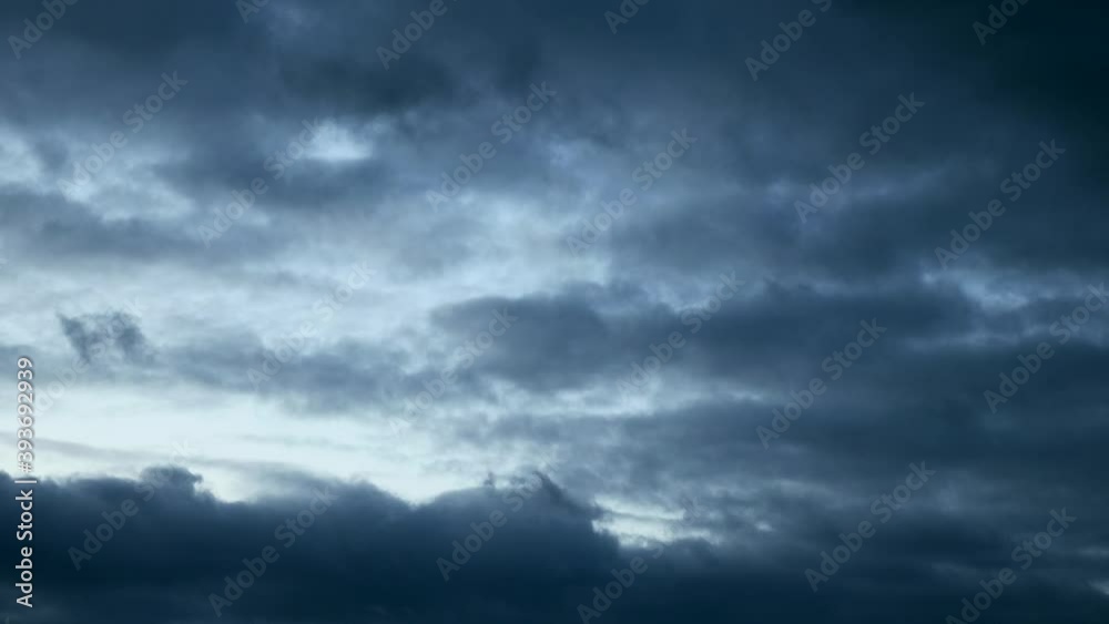 Time-lapse Evening Grey Cumulus Clouds Moving Fast on Blue Sky. Weather Climate. Winter Autumn Spring Season