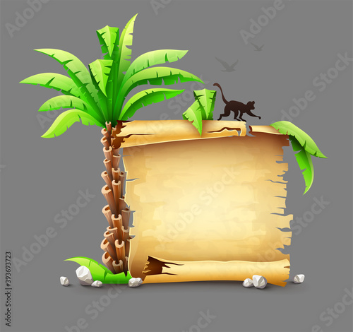 Old yellow paper manuscript scroll, palms leaves and monkey silhouette from tropical island. Tropical vojage travel banner concept. Ancient script document. Isolated on gray background. Illustration. photo