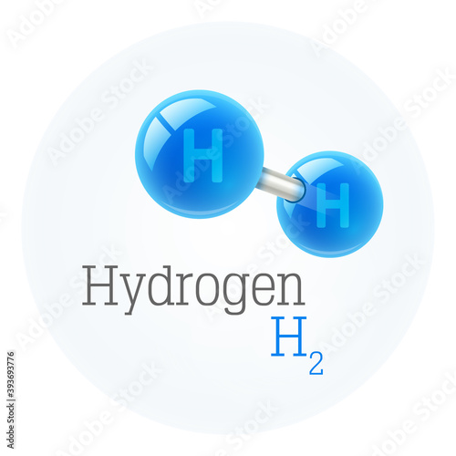 Chemistry model of hydrogen molecule, scientific elements and particles. Science and research, isolated on white background. Illustration.