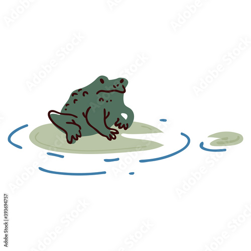 Cute cartoon frog on pond lily pad lineart vector illustration. Simple amphibian sticker clipart. Kids lake wildlife hand drawn kawaii toad. 