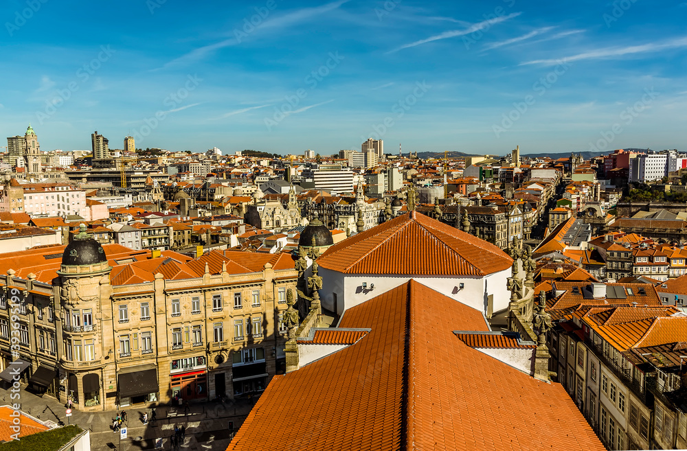A view across the roof tops of Porto, Portugal on a sunny afternoon