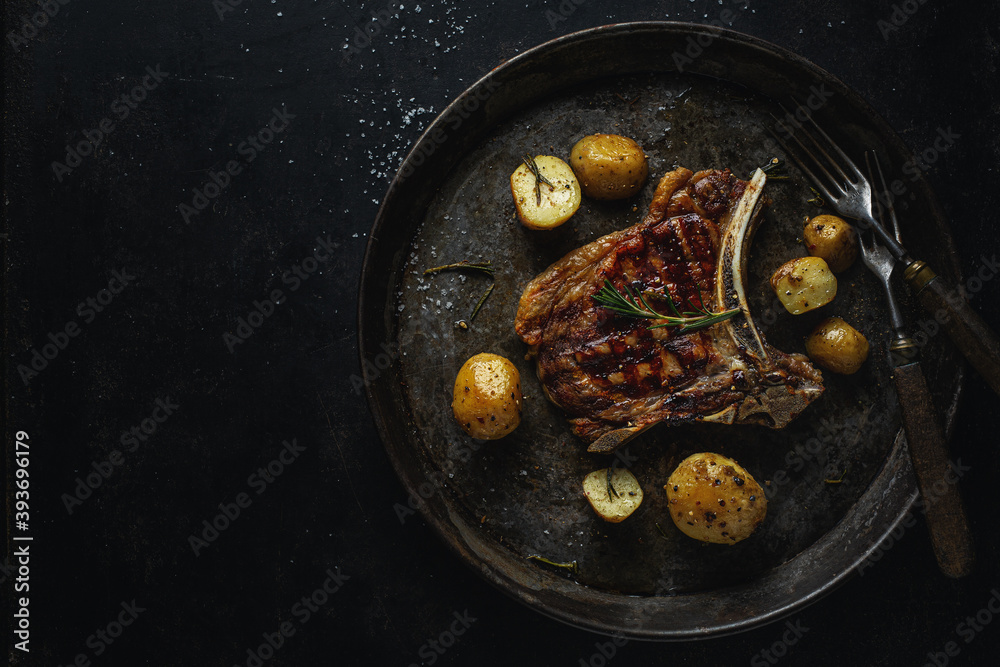 Grilled steak with spices on dark