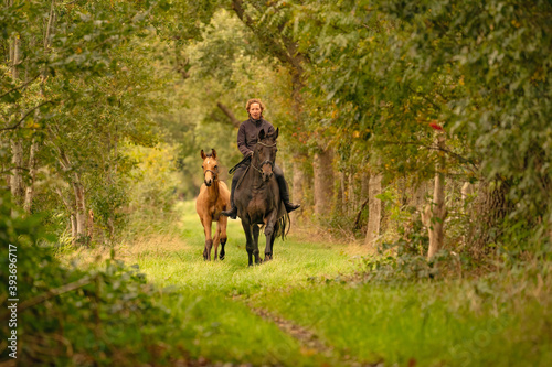 Young woman riding without saddle on her beautiful brown mare, yellow foal next to them, in the autumn forest