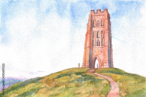 St Michael's Tower at Glastonbury Abbey, Sommerset, England, the oldest abbey, painted in watercolor on paper. photo