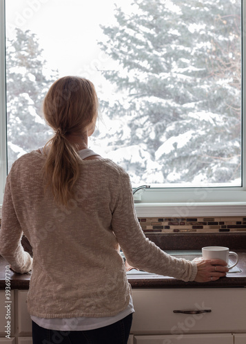 Free Download person looking out window into snowy trees - GFXLoad