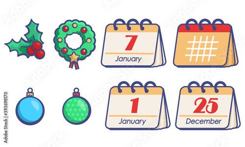 Holly and calendar pages on white isolated backdrop. Christmas sticker set for invitation or gift card, notebook, bath tile, scrapbook. Phone case or cloth print. Flat style stock vector illustration