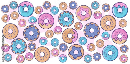 Seamless background with cute donuts. Vector illustration. Set of cartoon colorful donuts isolated on white background. Collection of glazed donuts, delicious pastries, flour cooked baked