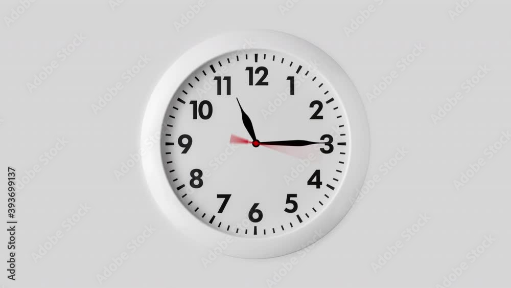 white round wall clock with animated arrows walking fast clockwise from eleven to twelve o'clock. last hour before midnight or Christmas Eve