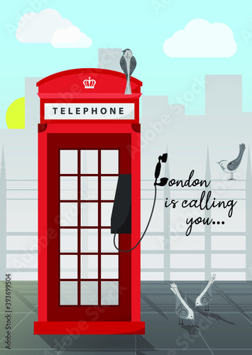 London poster design. Postcard of England. Modern and colorful illustration of phone booth. Promotional poster of England for travel agency. London is calling you - Vector
